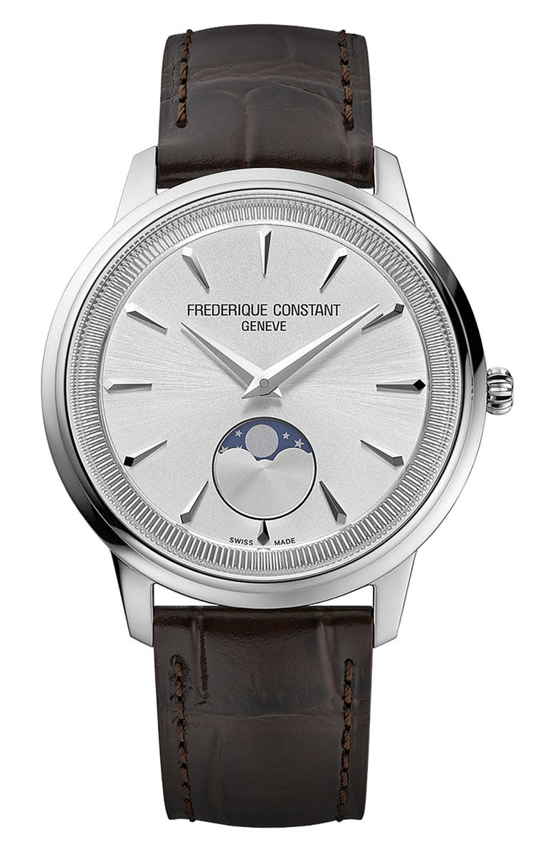 FREDERIQUE CONSTANT Classics Moneta Moon Phase Leather Strap Watch, 37mm, Main, color, Silver-Tone