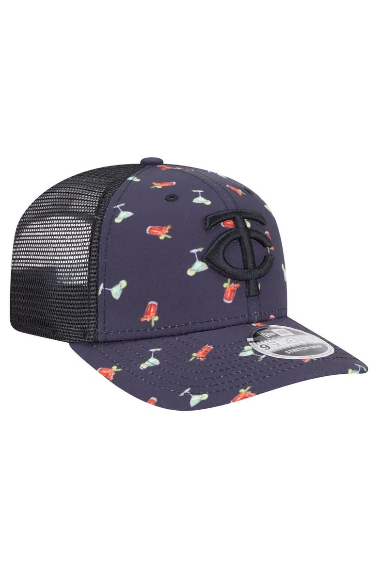 Men's New Era Black Minnesota Twins Adventure Drinks Pattern 9SEVENTY Stretch-Snap Hat, Alternate, color, Navy