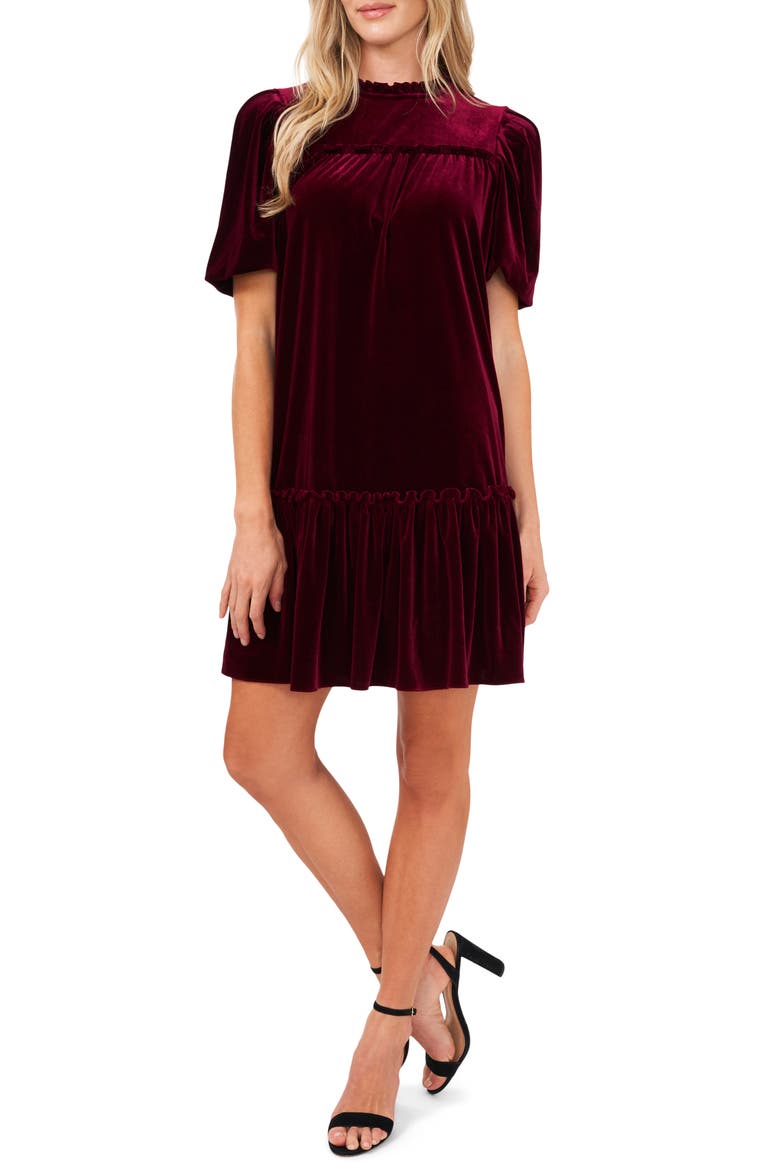 Ruffle Velvet Babydoll Dress, Main, color, MAJESTIC WINE