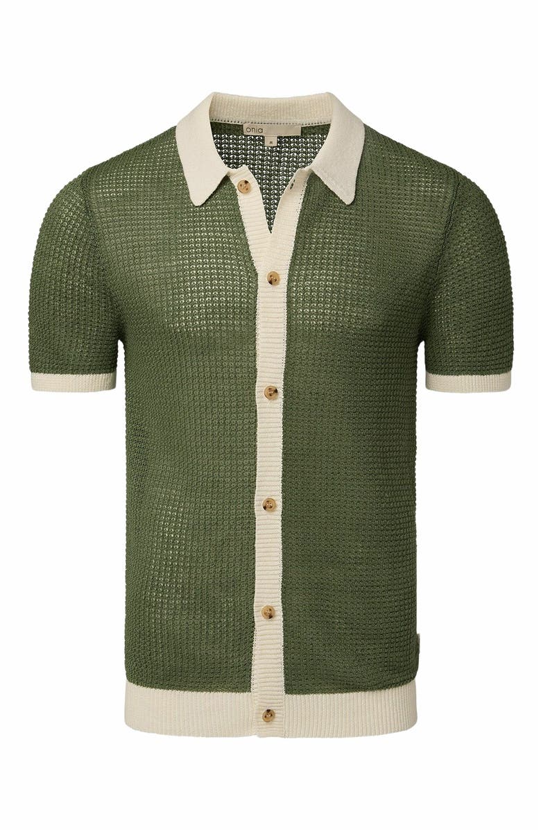 Onia Linen Short Sleeve Button Up Sweater, Alternate, color, Seaspray/White