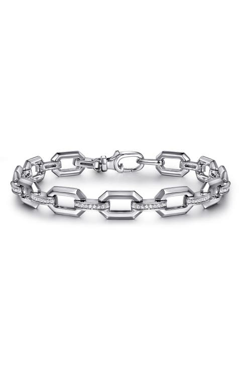 White Sapphire Link Chain Sterling Silver Bracelet