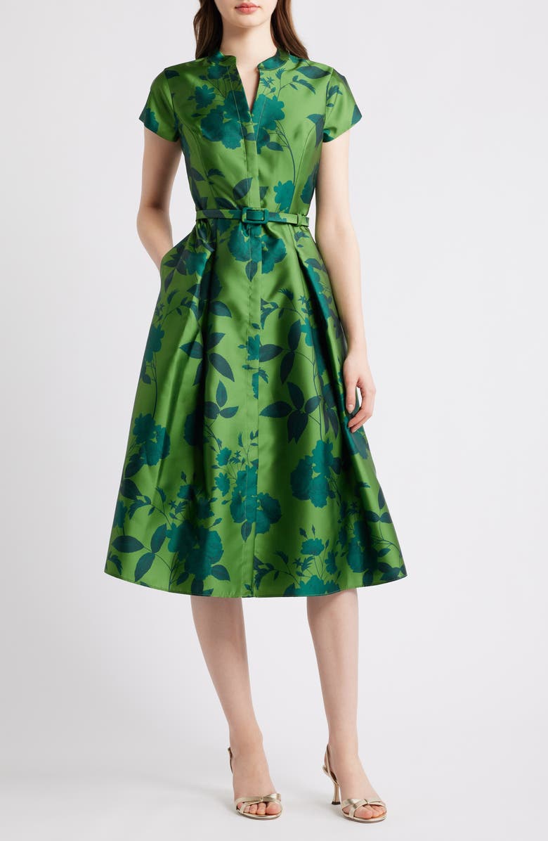 Sachin & Babi Martine Floral Mikado Cocktail Midi Dress, Main, color, Empress Green Roses