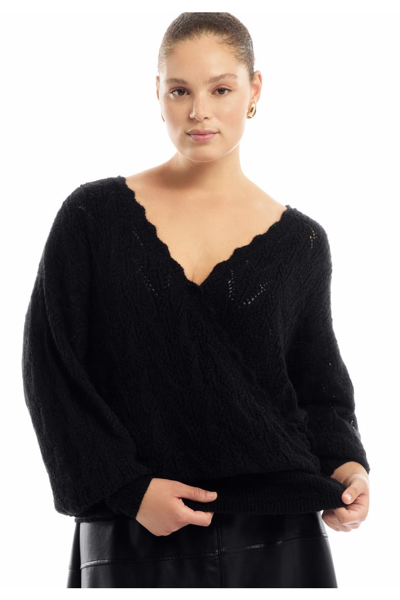 Scallop-Trim Wrap Sweater, Alternate, color, BLACK ONYX