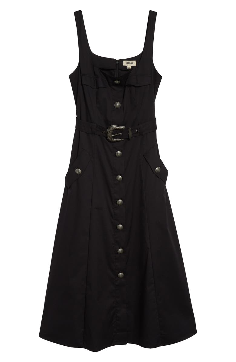 L'AGENCE Tazia Belted Cotton Blend A-Line Dress, Alternate, color, Black