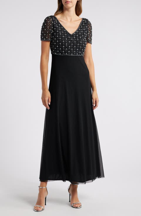 Pearly Beaded Short Sleeve A-Line Gown