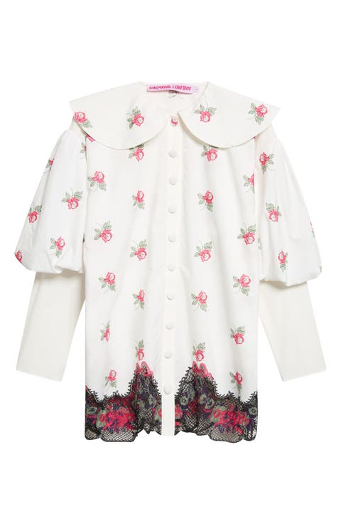 Pick-Ups Lace Trim Floral Cotton Shirt