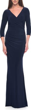La Femme Long Evening Dress with Wrap Style Neckline