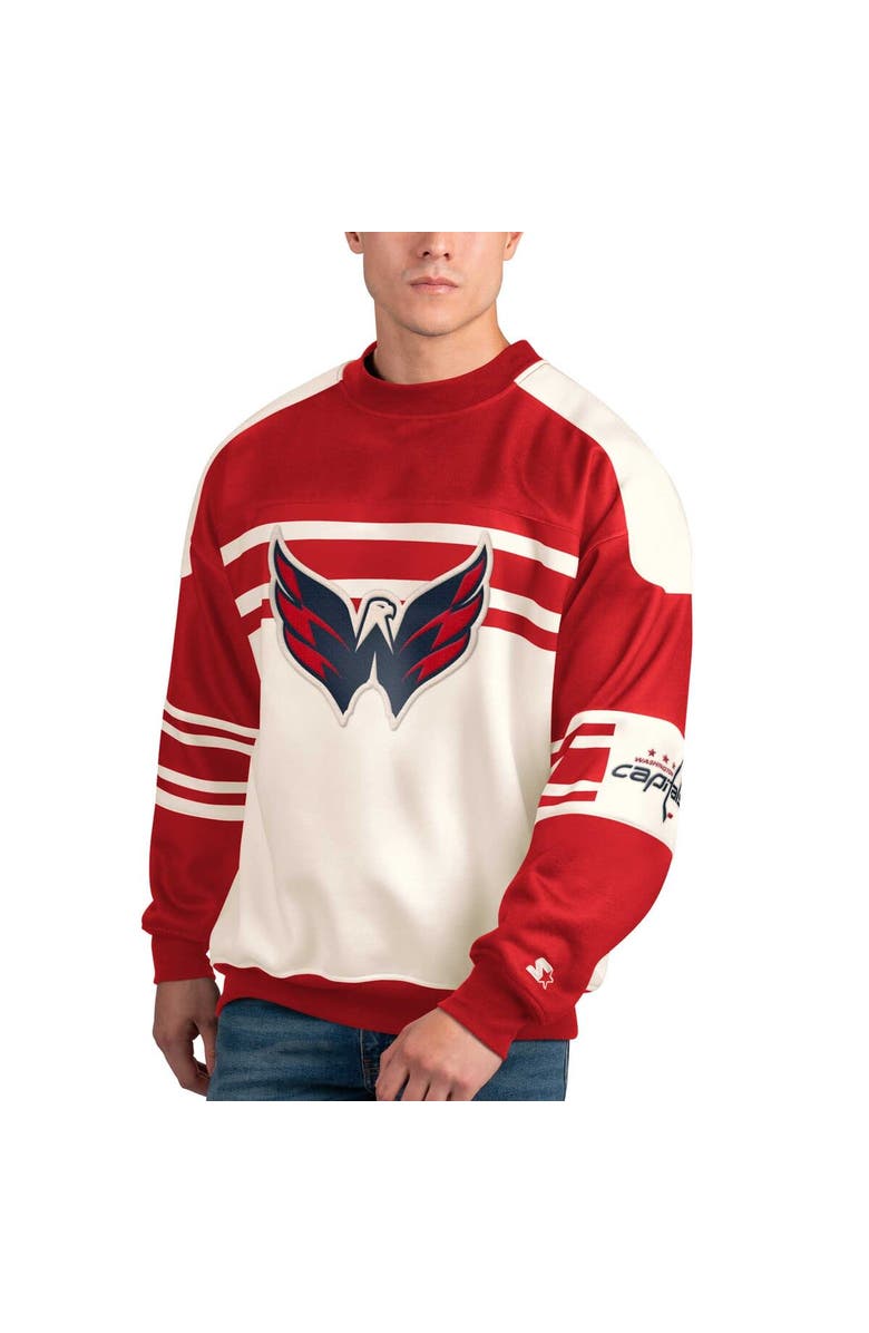 STARTER Men's Starter White Washington Capitals Defense Fleece Crewneck Pullover Sweatshirt, Main, color, White