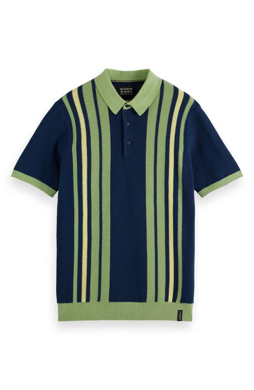 Scotch & Soda Stripe Textured Cotton Knit Polo In Atlantic Blue