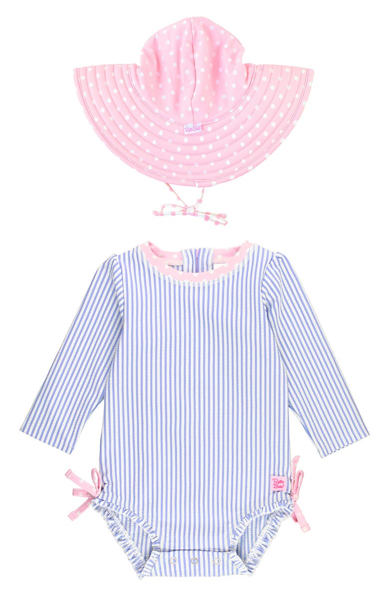 RuffleButts Seersucker One-Piece Rashguard Swimsuit & Hat Set, Main, color, Blue