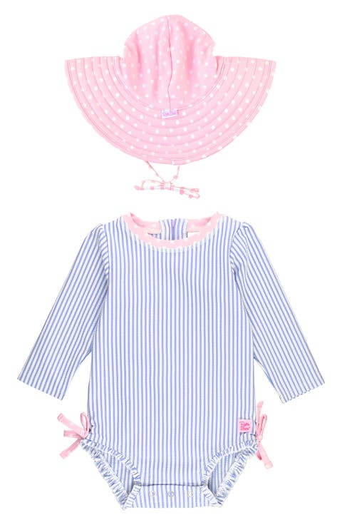 Seersucker One-Piece Rashguard Swimsuit & Hat Set (Baby)