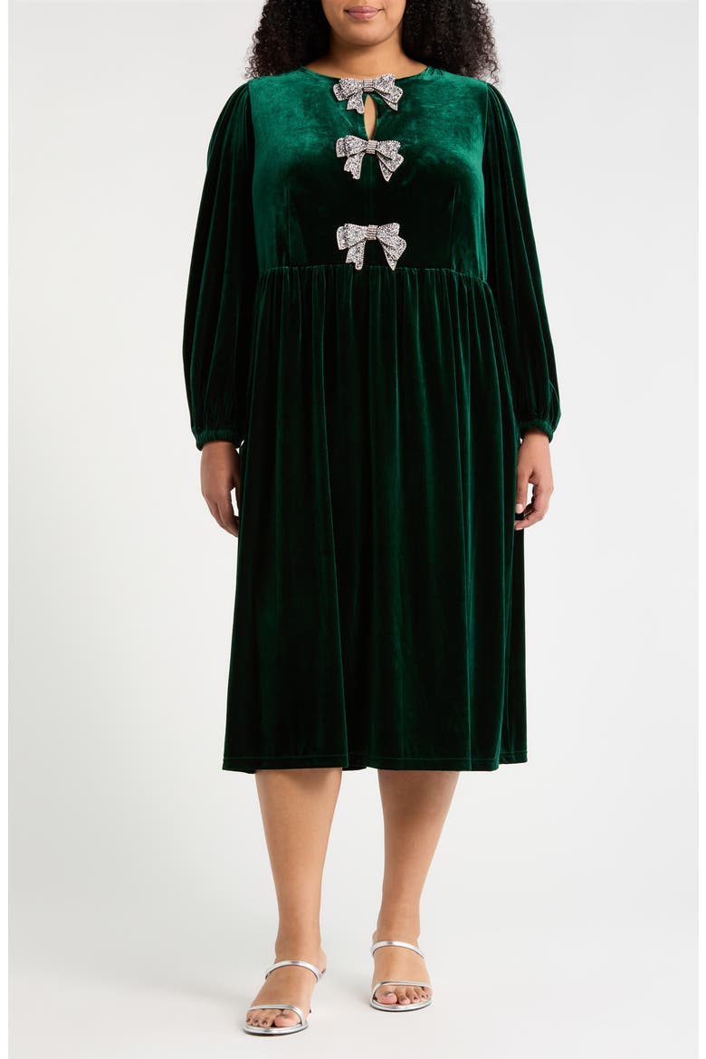 Jena Glow Bow Long Sleeve Velvet Midi Dress, Main, color, EMERALD