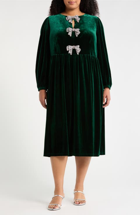 Jena Glow Bow Long Sleeve Velvet Midi Dress (Plus)