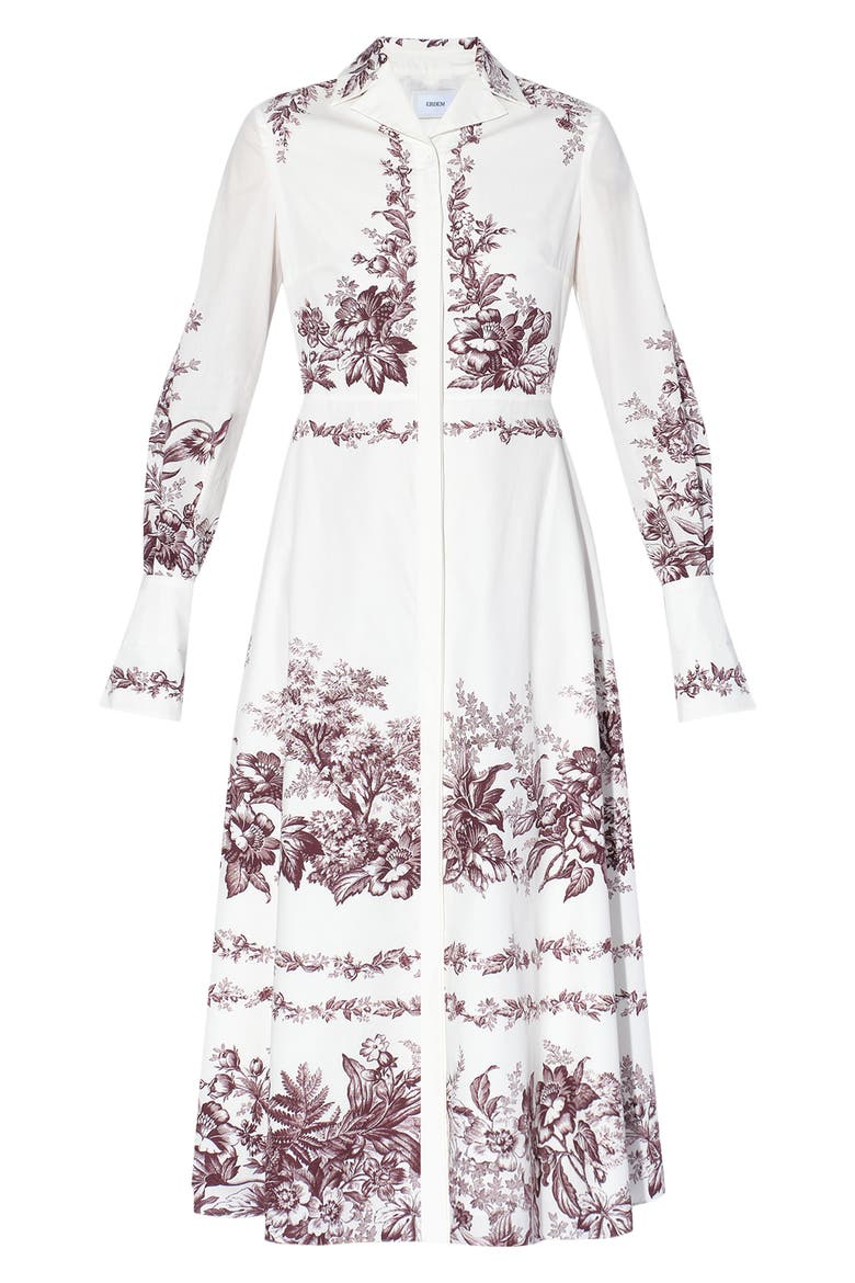 Emily Pembridge Etched Floral Print Long Sleeve Cotton Midi Dress, Alternate, color, WHITE / BURGUNDY