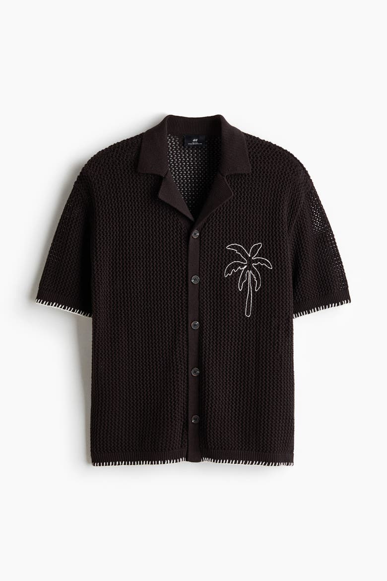 Relaxed Fit Hole-knit Resort Shirt, Alternate, color, Dark brown/palm tree