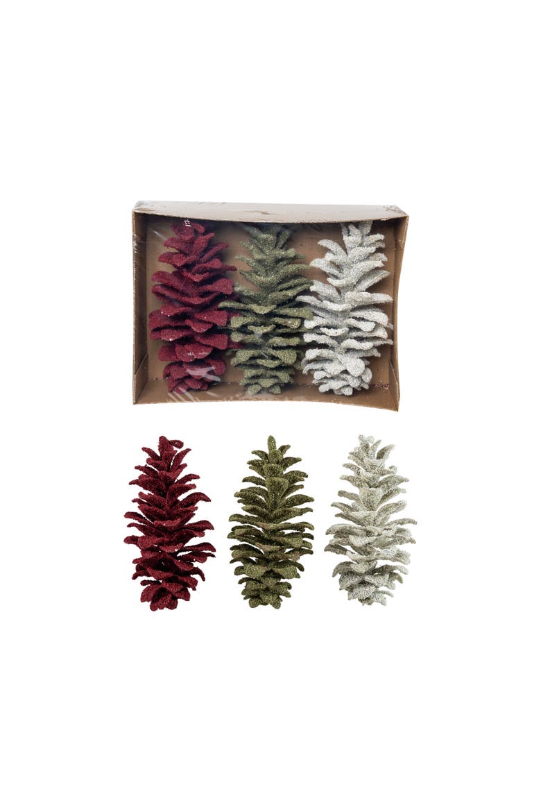Glittered Faux Pinecone Trio in Multicolor Polyethylene, Main, color, Multicolor