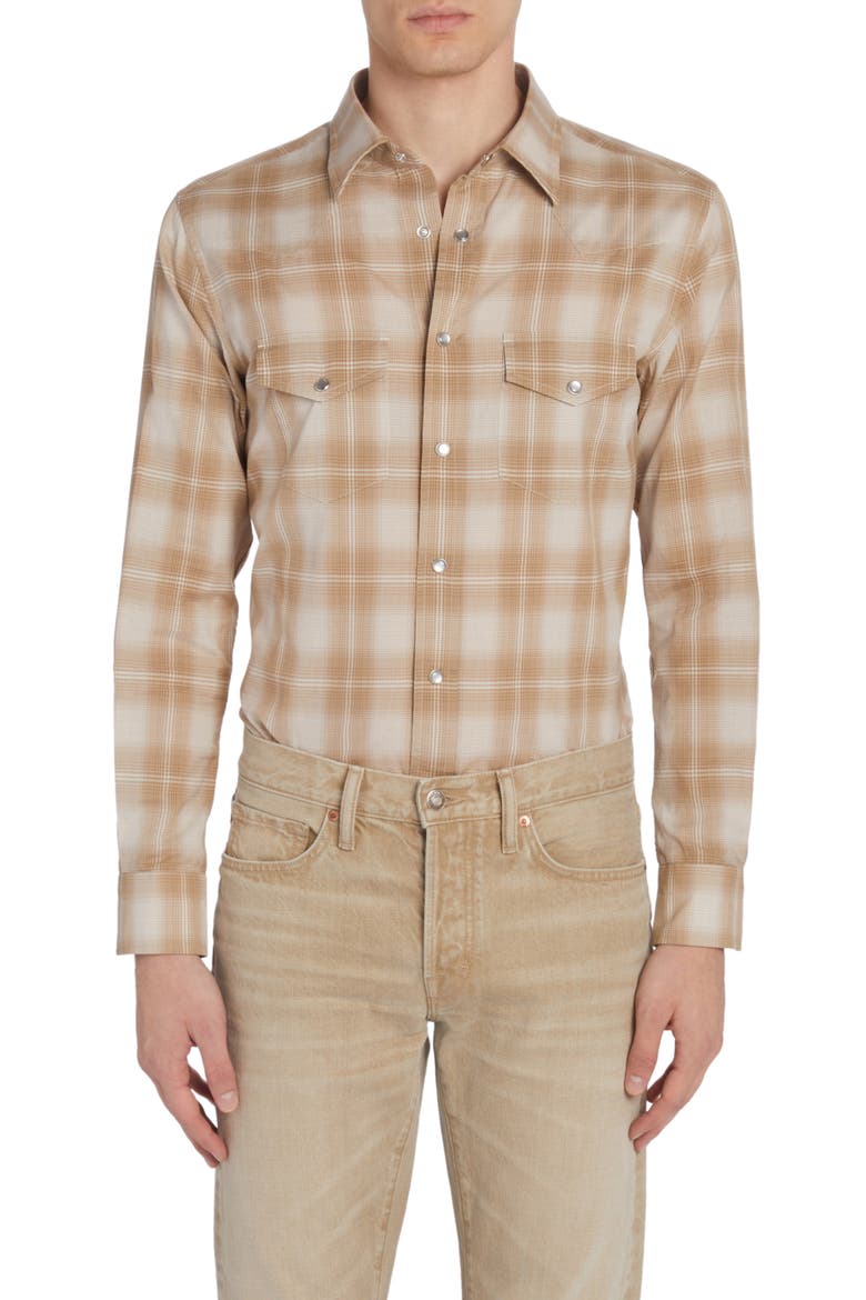 Dégradé Plaid Brushed Cotton Snap-Up Western Shirt, Main, color, COMBO SAND