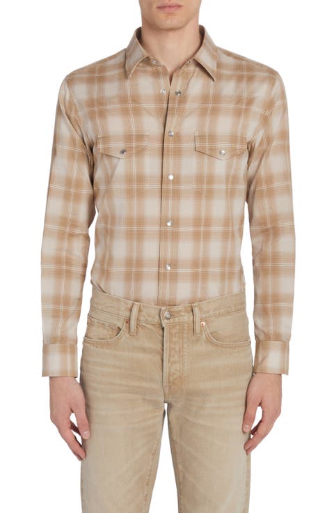 Dégradé Plaid Brushed Cotton Snap-Up Western Shirt