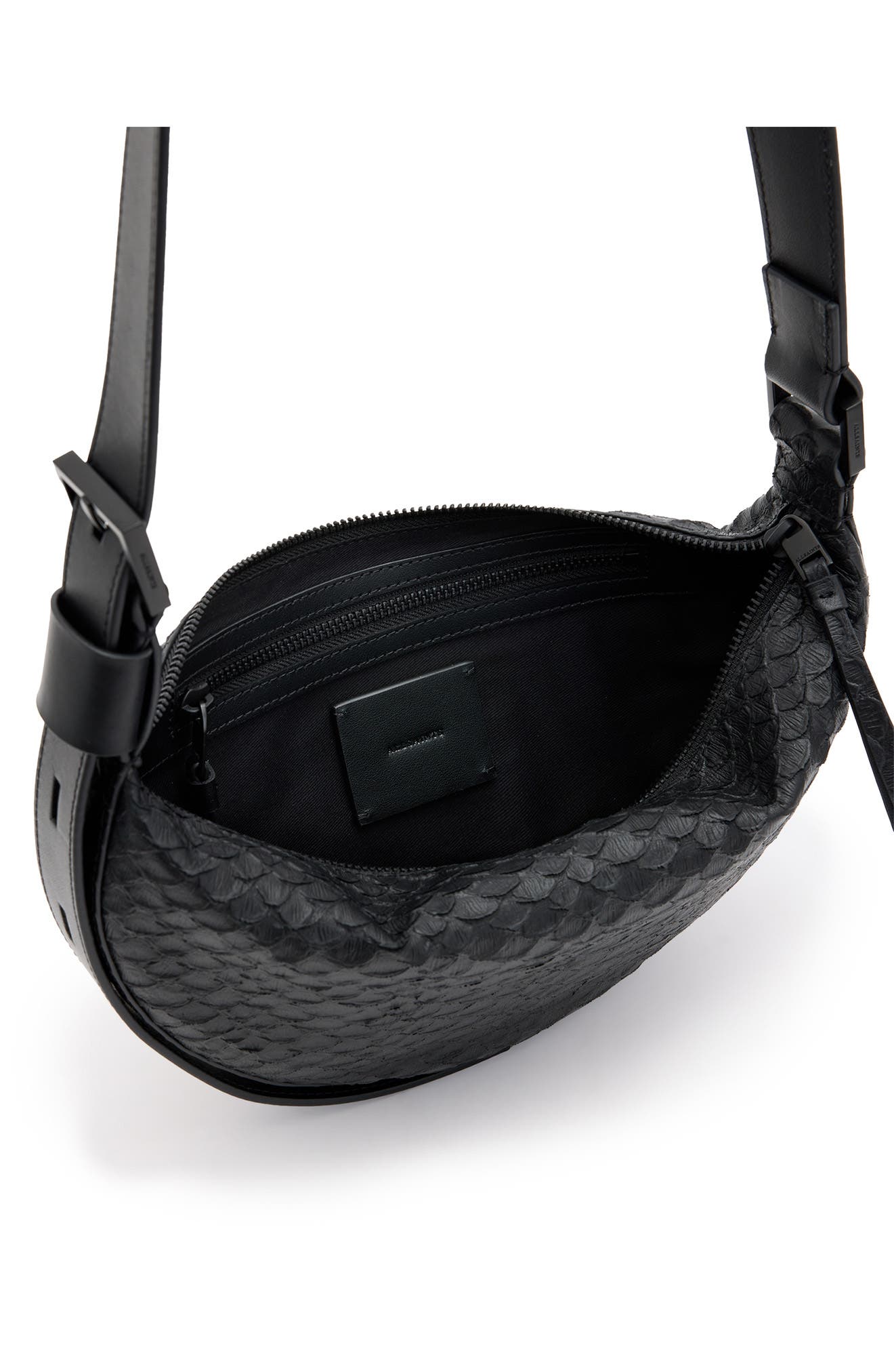 AllSaints Half Moon Snake Embossed Leather Crossbody Bag, Alternate, color, 