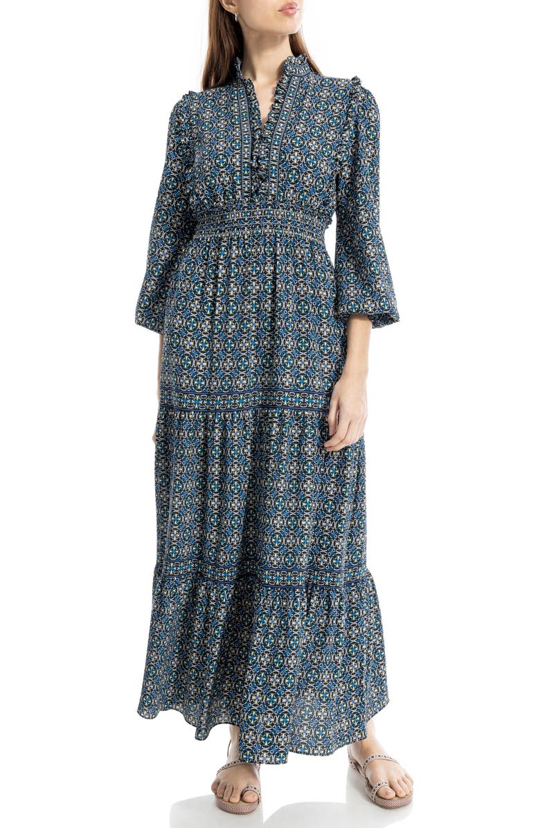 MAX STUDIO Tiered Long Sleeve Maxi Dress, Alternate, color, Nvytrqoc-Navy/Turq Overlap Circles