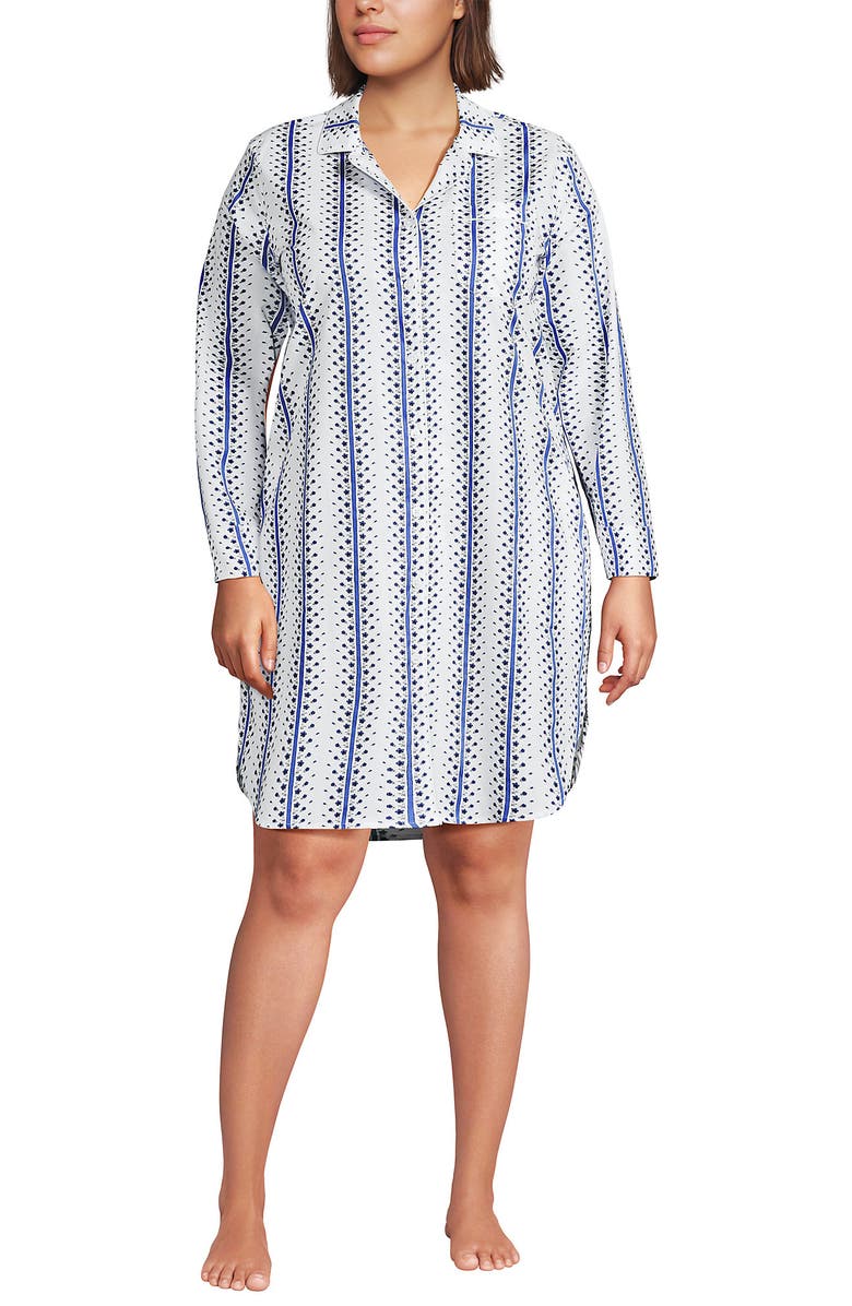 Lands' End Cotton Poplin Long Sleeve Sleepshirt Nightgown, Main, color, White/Clear Blue Floral Stripe