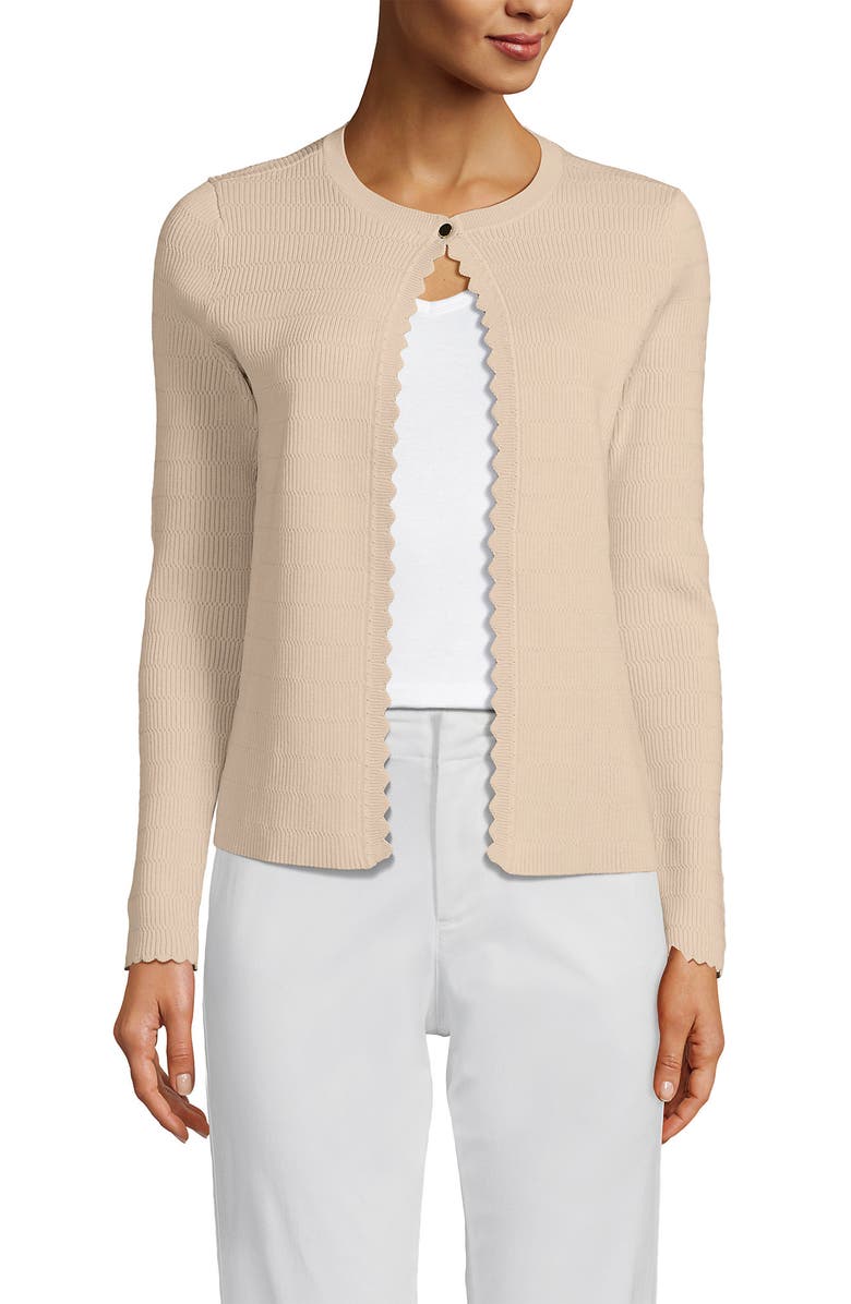 Lands' End Blend Scallop Edge Fitted Cardigan Sweater, Main, color, Oatmeal