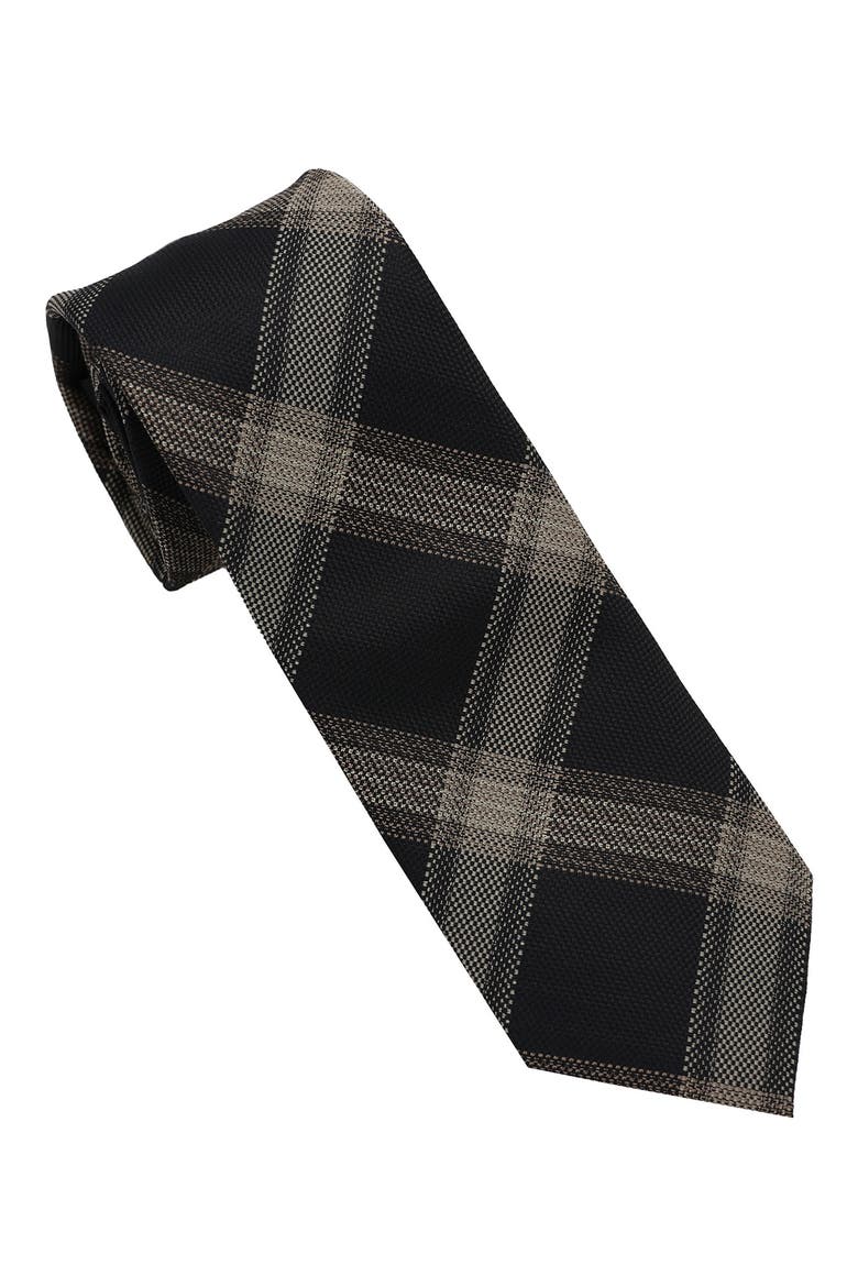 Large Plaid Tie, Main, color, BLACK/TAUPE