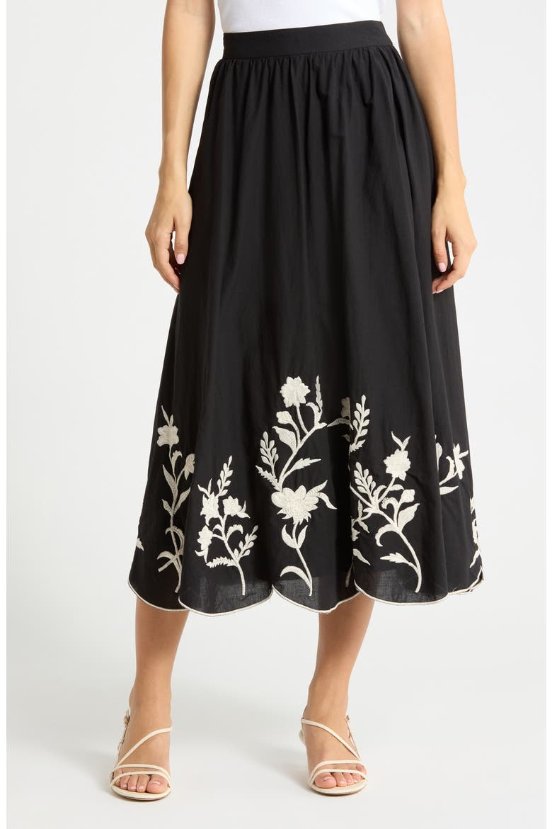 Floral Embroidered Scalloped Hem Pull-On Skirt, Main, color, BLACK W/ ECRU EMBROIDERY