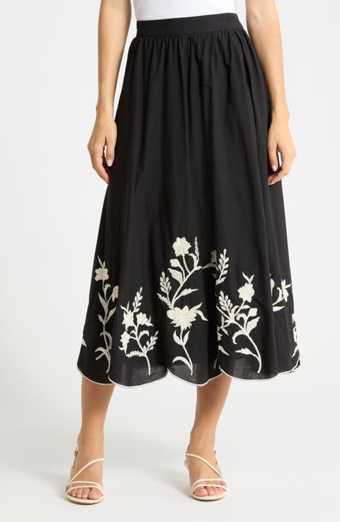 Floral Embroidered Scalloped Hem Pull-On Skirt