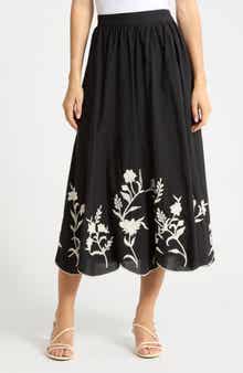 Floral Embroidered Scalloped Hem Pull-On Skirt