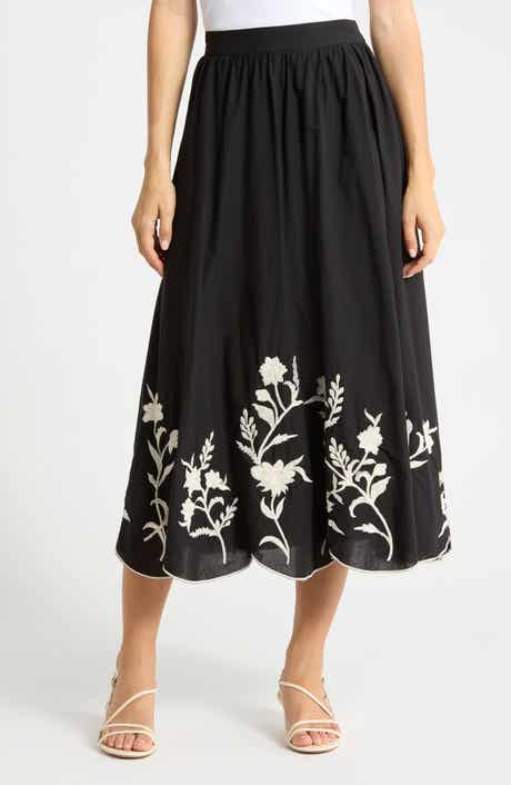Floral Embroidered Scalloped Hem Pull-On Skirt