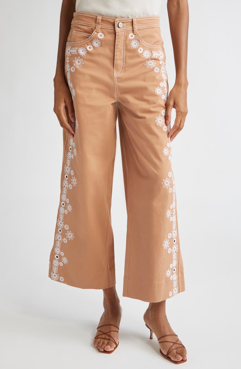 Cinq à Sept Mazie Eyelet Detail Stretch Cotton Pants, Main, color, Sahara/ White