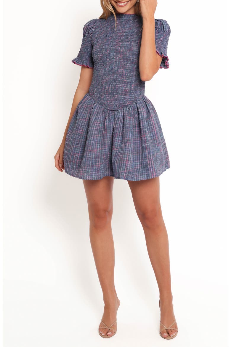 Celine Check Puff Sleeve Fit & Flare Minidress, Main, color, NAVY PLAID