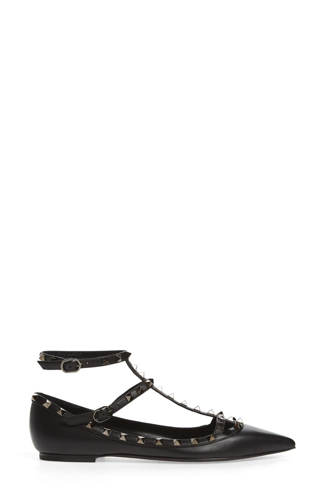 Valentino Garavani 'Rockstud' Double Ankle Strap Pointy Toe Flat, Alternate, color, 