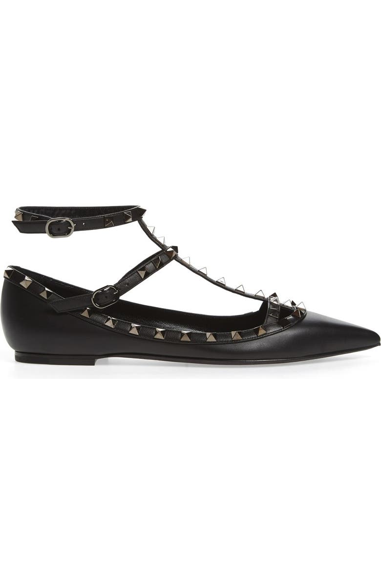 Valentino Garavani 'Rockstud' Double Ankle Strap Pointy Toe Flat, Alternate, color,