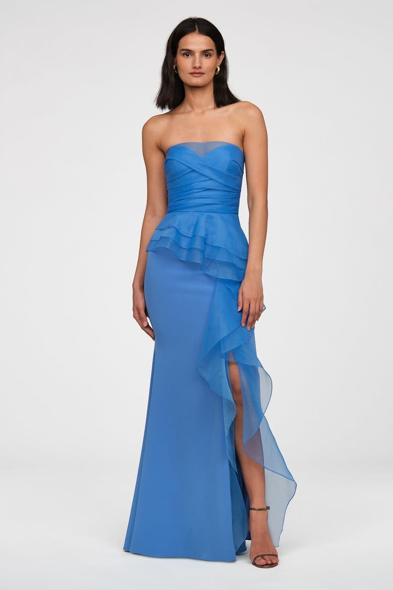 Morgan Crepe And Organza Gown, Alternate, color, Ocean Breeze Blue
