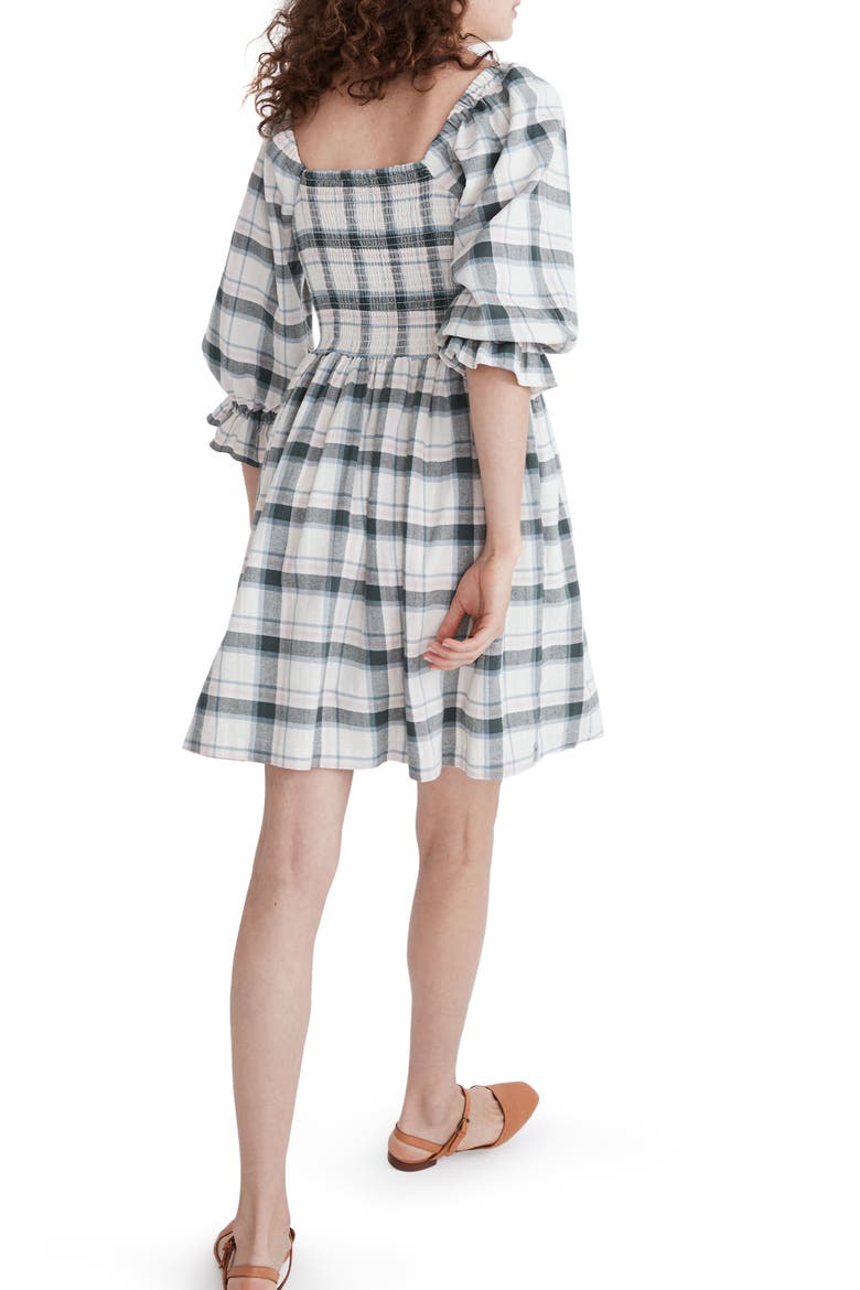 Lucie Lebaum Plaid Smocked Minidress, Alternate, color, ANTIQUE CREAM
