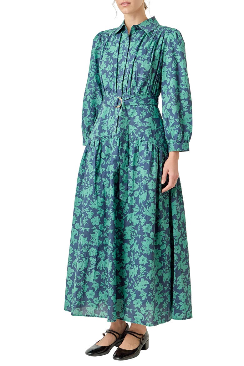 Belted Tiered Print Long Sleeve Cotton Midi Dress, Alternate, color, NAVY/ GREEN