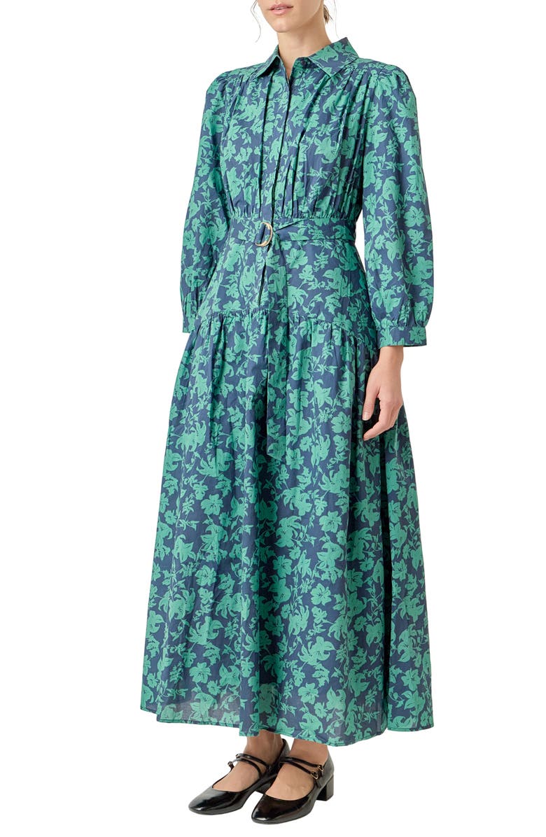 English Factory Belted Tiered Print Long Sleeve Cotton Midi Dress, Alternate, color, Navy/ Green