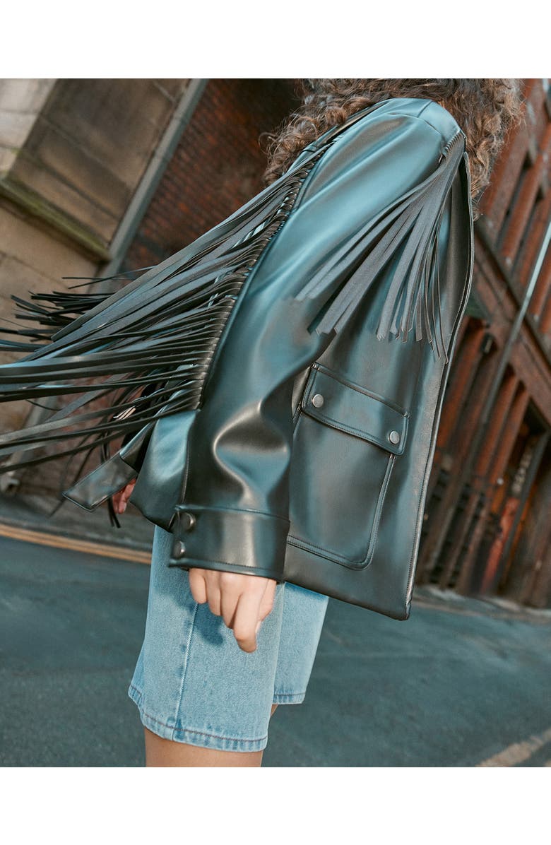 NASTY GAL Fringe Faux Leather Belted Jacket, Alternate, color, Black