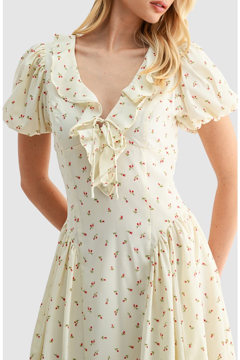 Ruffle Puff Sleeve Midi Dress, Alternate, color, CREAM RED DITSY