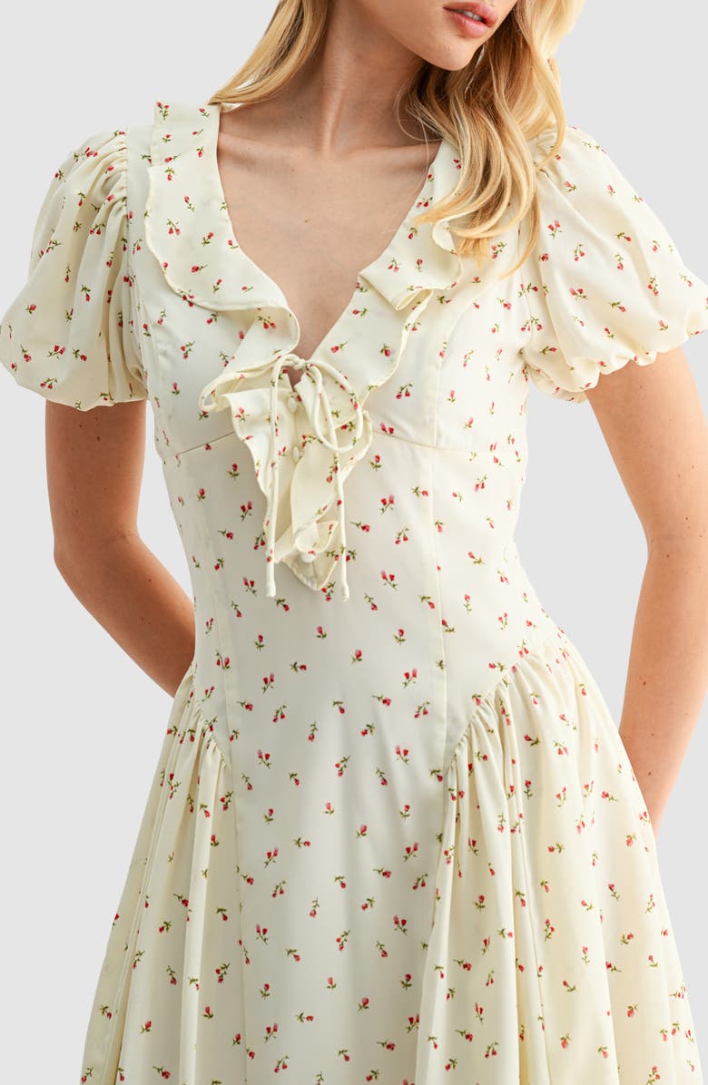 Lush Ruffle Puff Sleeve Midi Dress, Alternate, color, Cream Red Ditsy