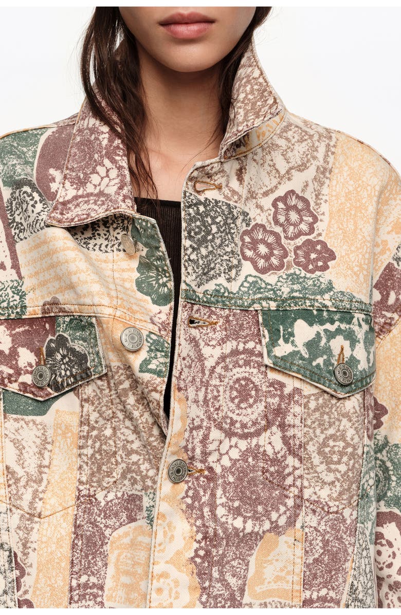 Bimba y Lola Oversize Print Denim Jacket, Alternate, color, Lace Print Ivory