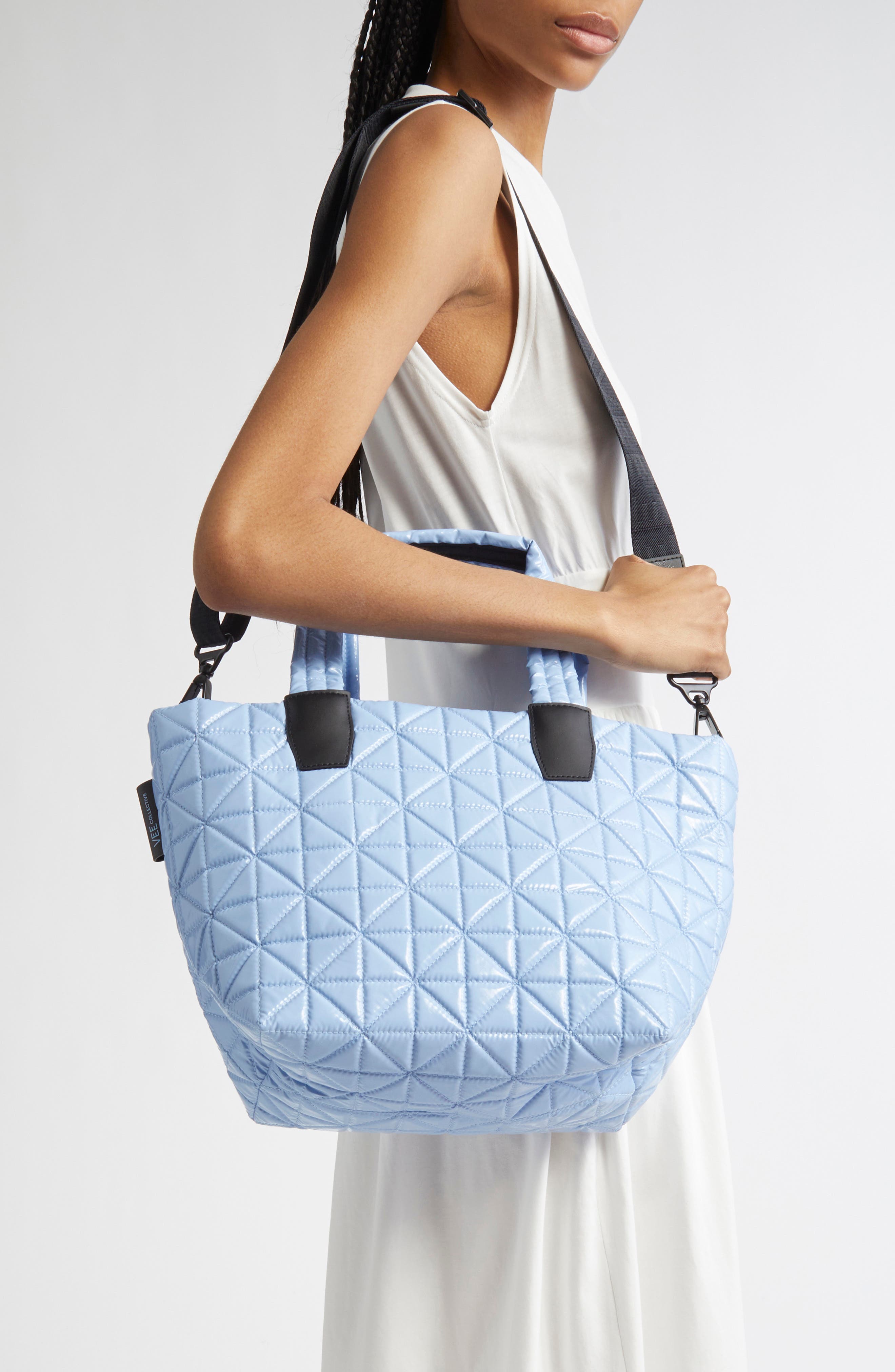 VeeCollective Small Vee Quilted Recycled Nylon Tote, Alternate, color, Cerulean Vinyl