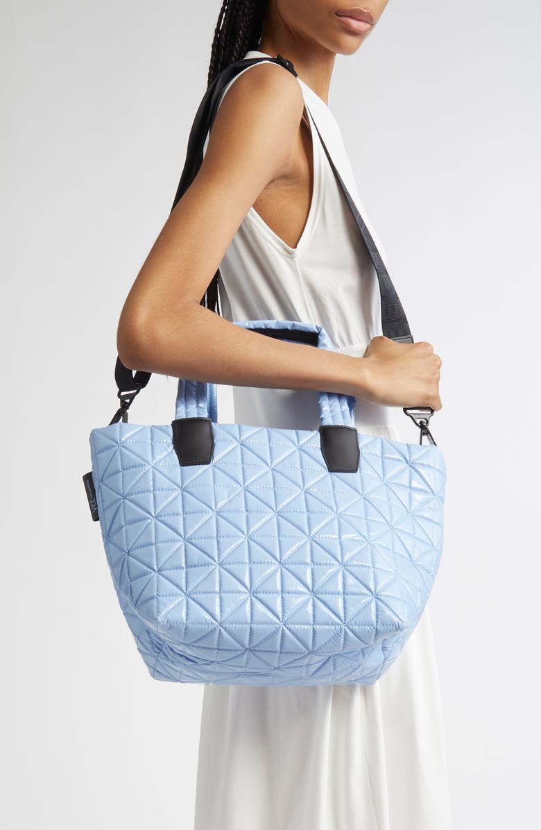 VeeCollective Small Vee Quilted Recycled Nylon Tote, Alternate, color, Cerulean Vinyl