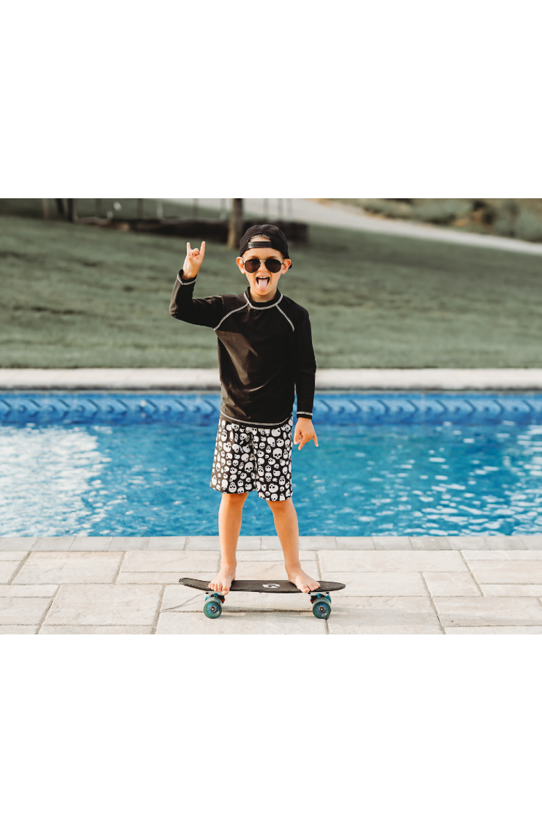 City Threads USA-Made Soft Stretch UPF 50+ Recycled Polyester Below-the-Knee Printed Swim Board Shorts, Alternate, color, Skulls