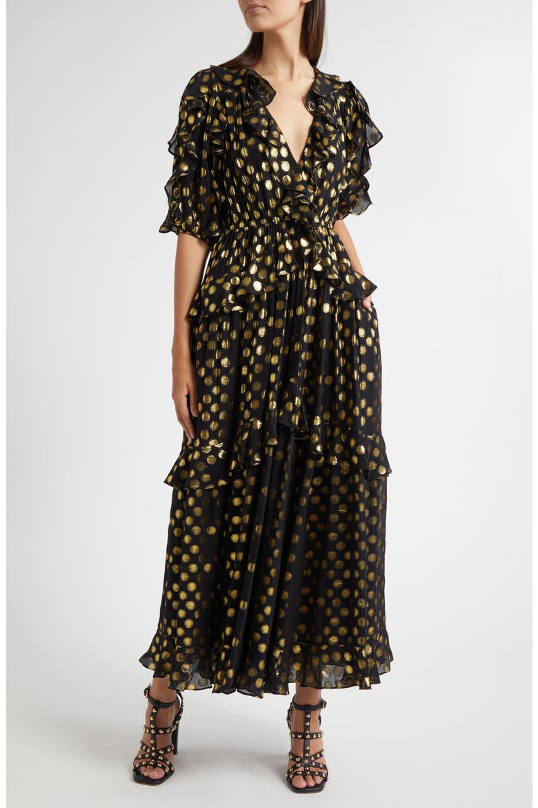 Tida Metallic Dot Silk Blend Dress, Main, color, OBSIDIAN