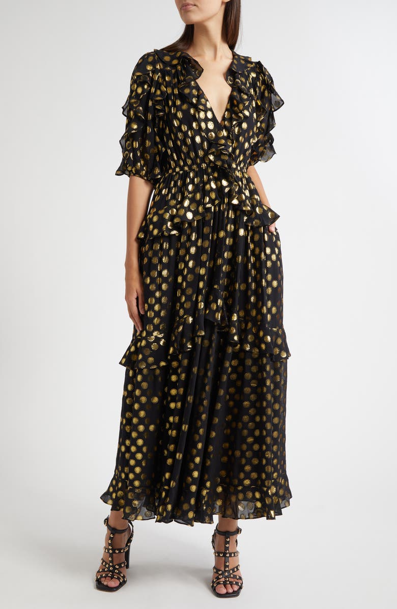 Ulla Johnson Tida Metallic Dot Silk Blend Dress, Main, color, Obsidian