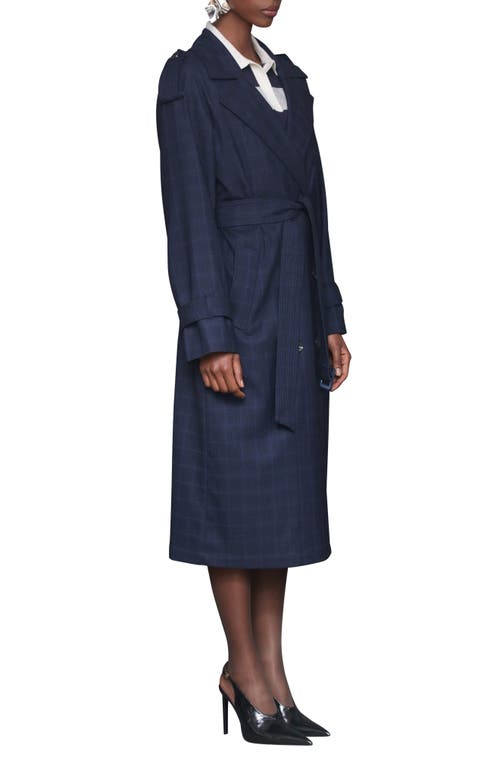 Avec Les Filles Plaid Double Breasted Belted Trench Coat In Blue