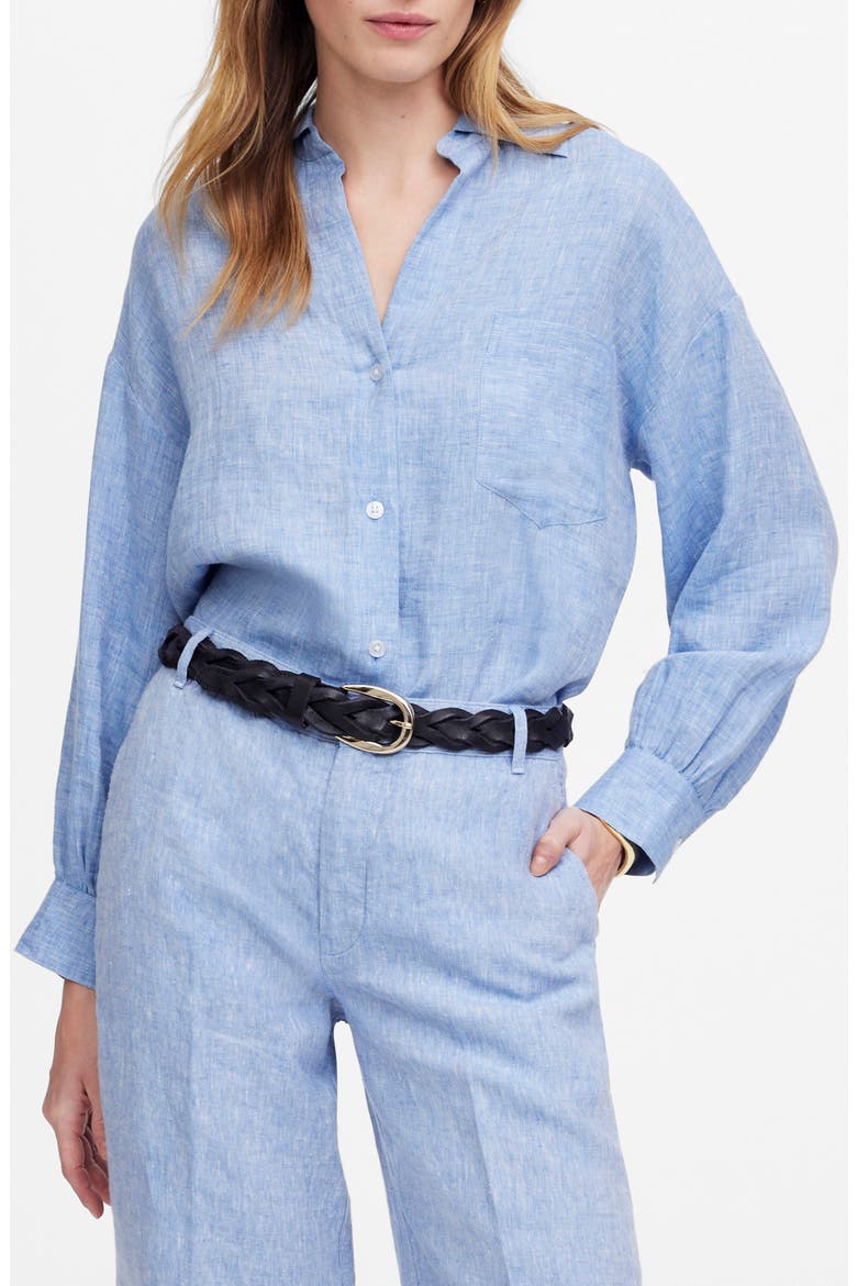 Shirred Linen Button-Up Shirt, Main, color, SUNFADED BLUE